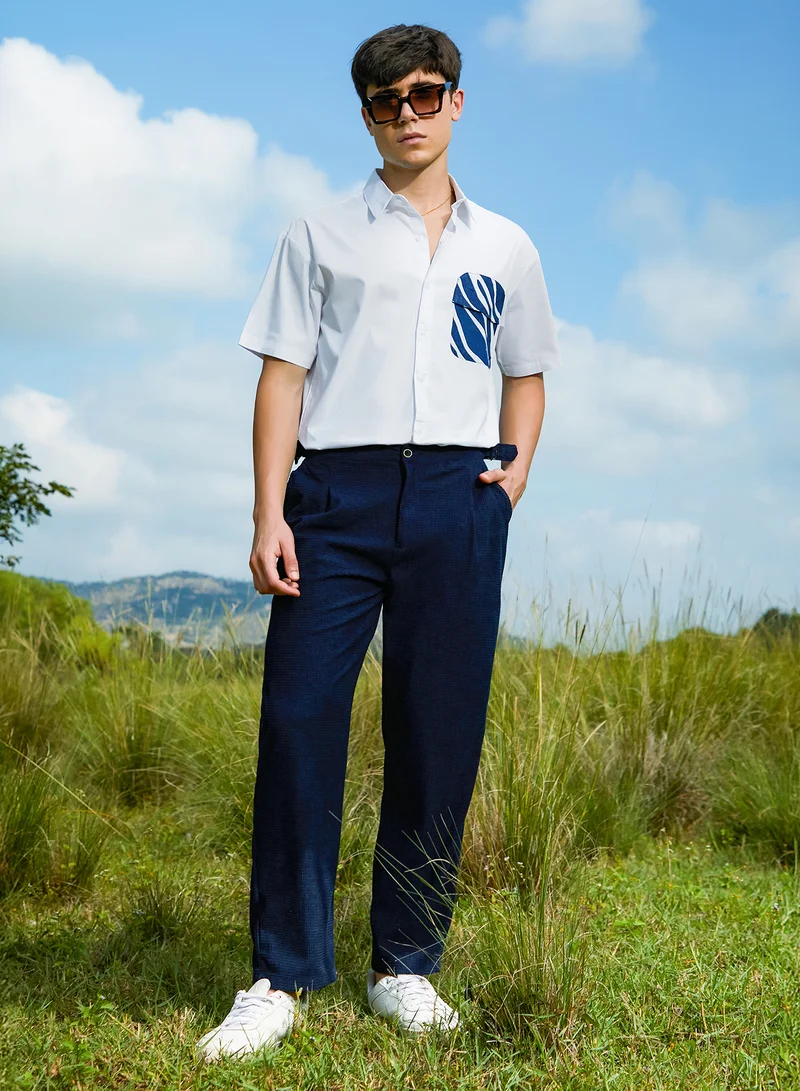 CAHOOT  Men's Navy Blue Tailored Waffle Trousers For Casual Wear | Mid-Rise | Regular Fit | Button Closure | Trousers Crafted With Comfort Fit For Everyday Wear for Men | Best Price UAE